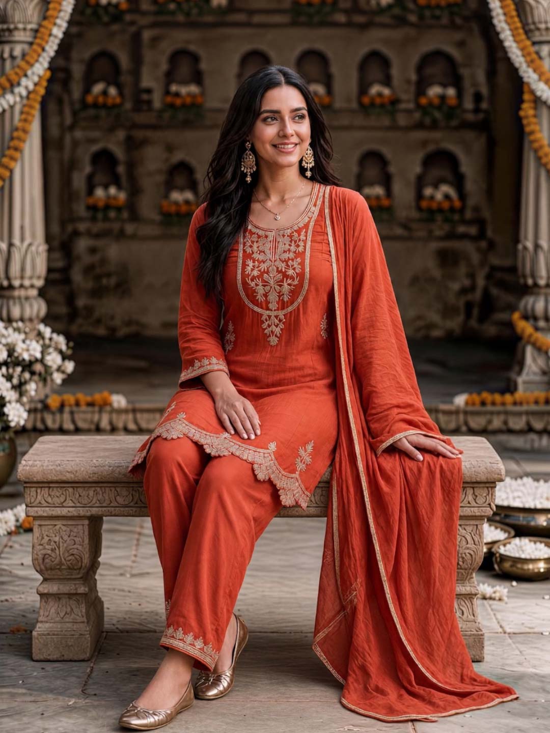 ORANGE CHINON HANDWORK SUIT SET