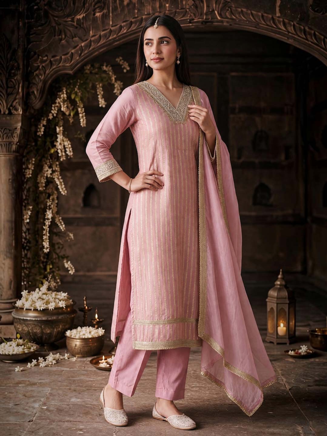 LIGHT PINK TISSUE HANDWORK SUIT SET WITH DUPATTA