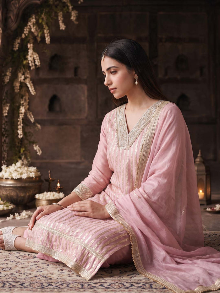 LIGHT PINK TISSUE HANDWORK SUIT SET WITH DUPATTA