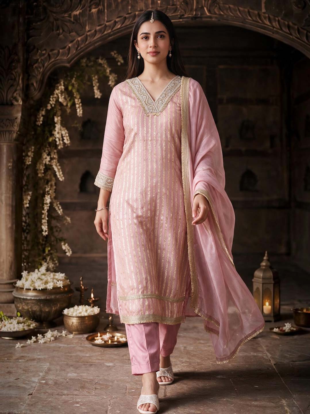 LIGHT PINK TISSUE HANDWORK SUIT SET WITH DUPATTA