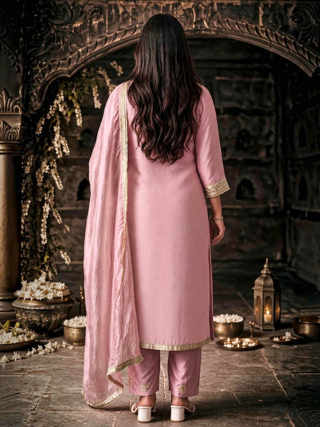 LIGHT PINK TISSUE HANDWORK SUIT SET WITH DUPATTA