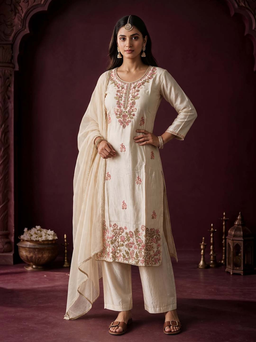 CREAM TISSUE EMBROIDERED AND HANDWORK SUIT SET
