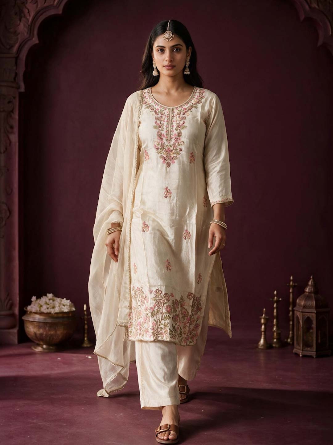 CREAM TISSUE EMBROIDERED AND HANDWORK SUIT SET