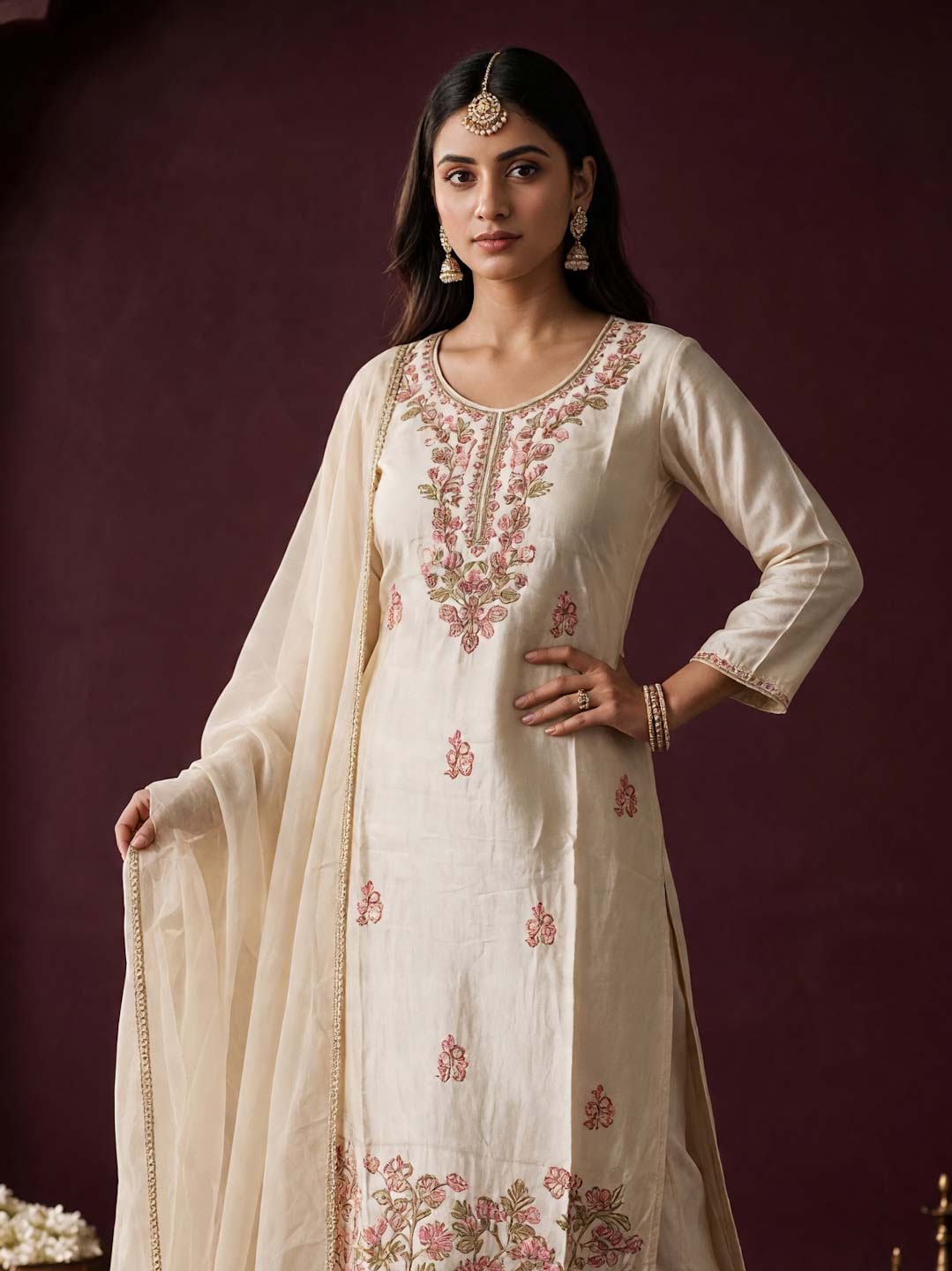 CREAM TISSUE EMBROIDERED AND HANDWORK SUIT SET