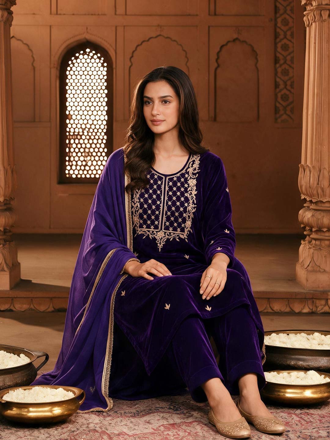 ROYAL PURPLE VELVET SUIT SET WITH HANDWORK
