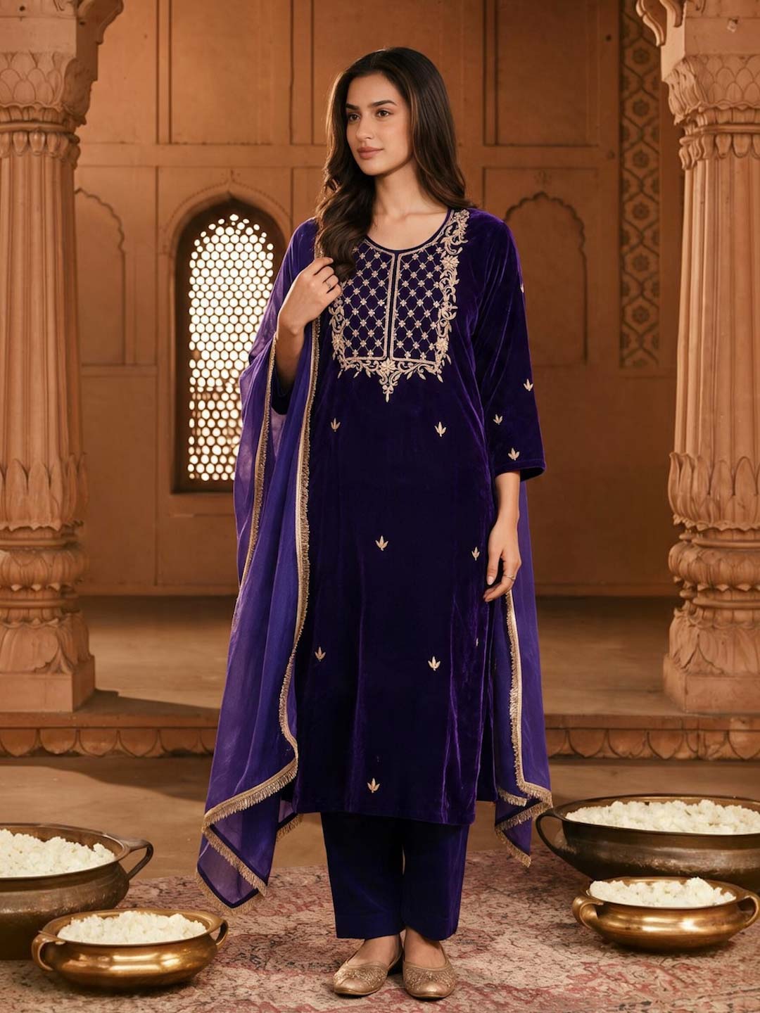 ROYAL PURPLE VELVET SUIT SET WITH HANDWORK