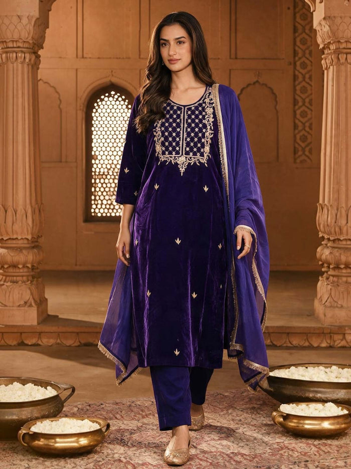 ROYAL PURPLE VELVET SUIT SET WITH HANDWORK