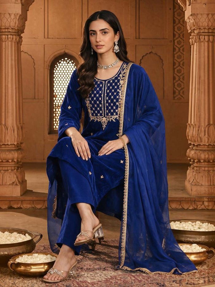 SAPPHIRE VELVET SUIT SET WITH HANDWORK