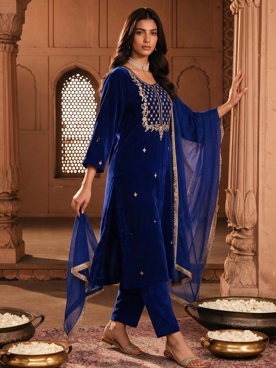 SAPPHIRE VELVET SUIT SET WITH HANDWORK