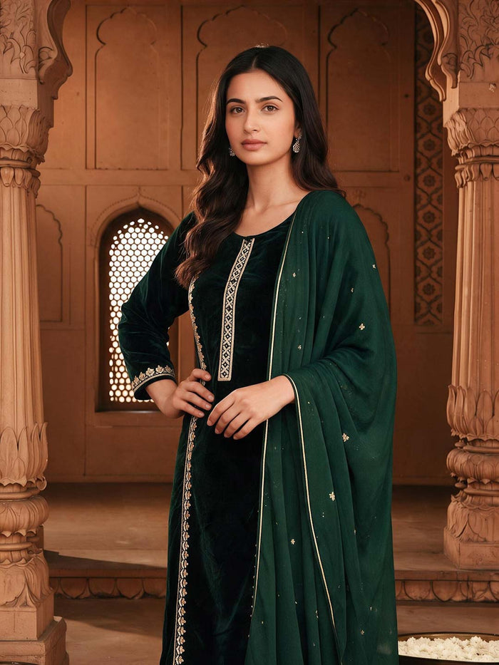 ROYAL GREEN VELVET SUIT SET WITH ORGANZA DUPATTA