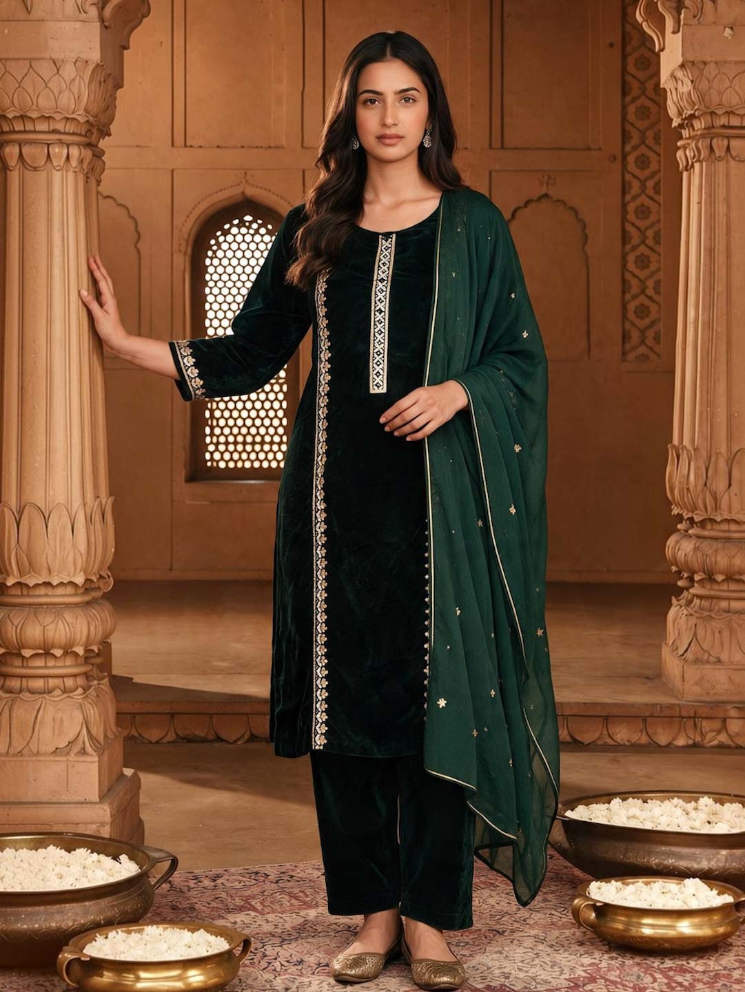 ROYAL GREEN VELVET SUIT SET WITH ORGANZA DUPATTA