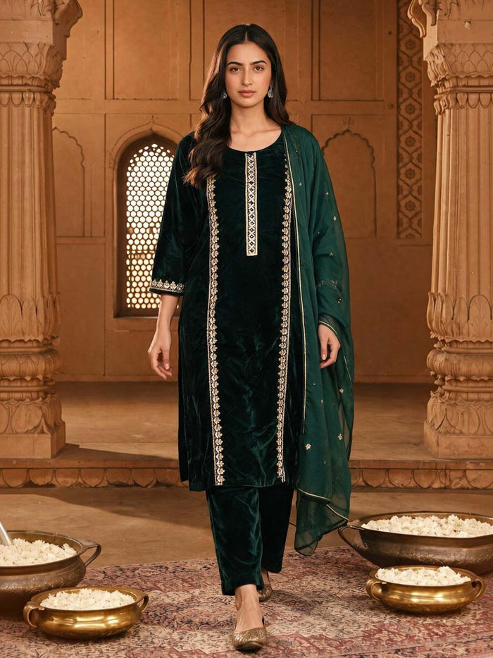 ROYAL GREEN VELVET SUIT SET WITH ORGANZA DUPATTA