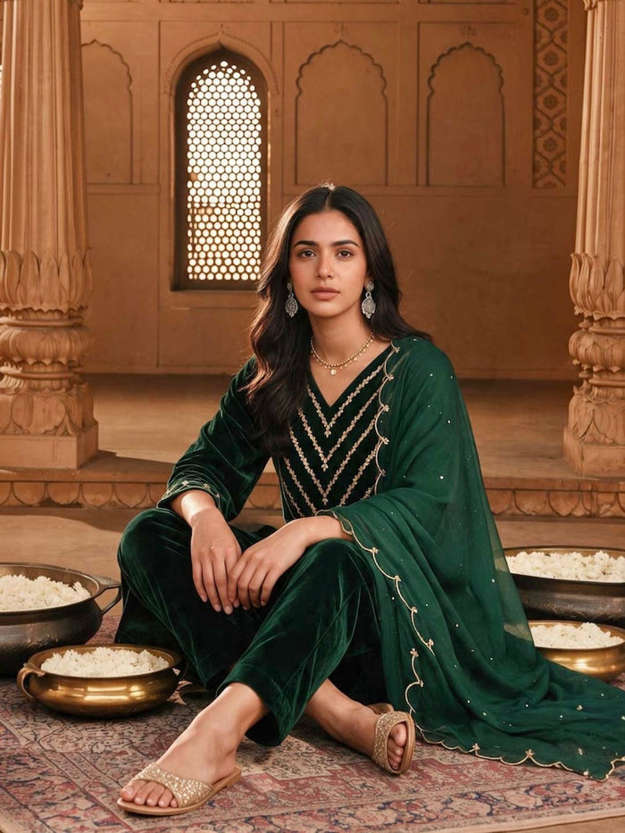 EMERALD GREEN VELVET SUIT SET