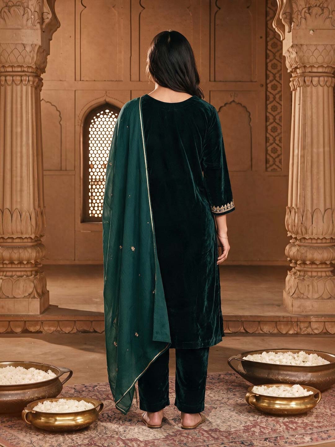 ROYAL GREEN VELVET SUIT SET WITH ORGANZA DUPATTA