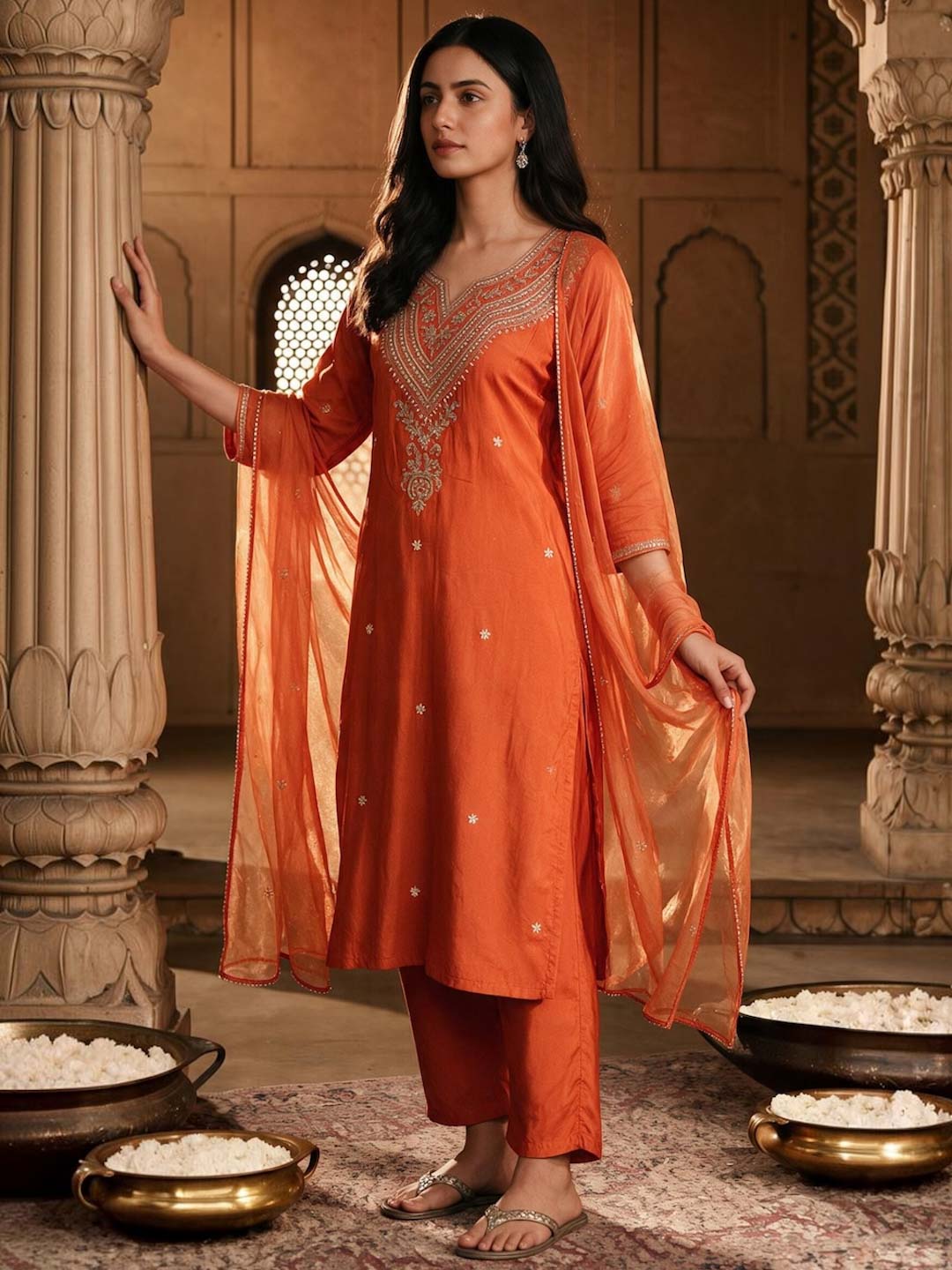 ORANGE HANDWORK SUIT SET WITH ORGANZA DUPATTA