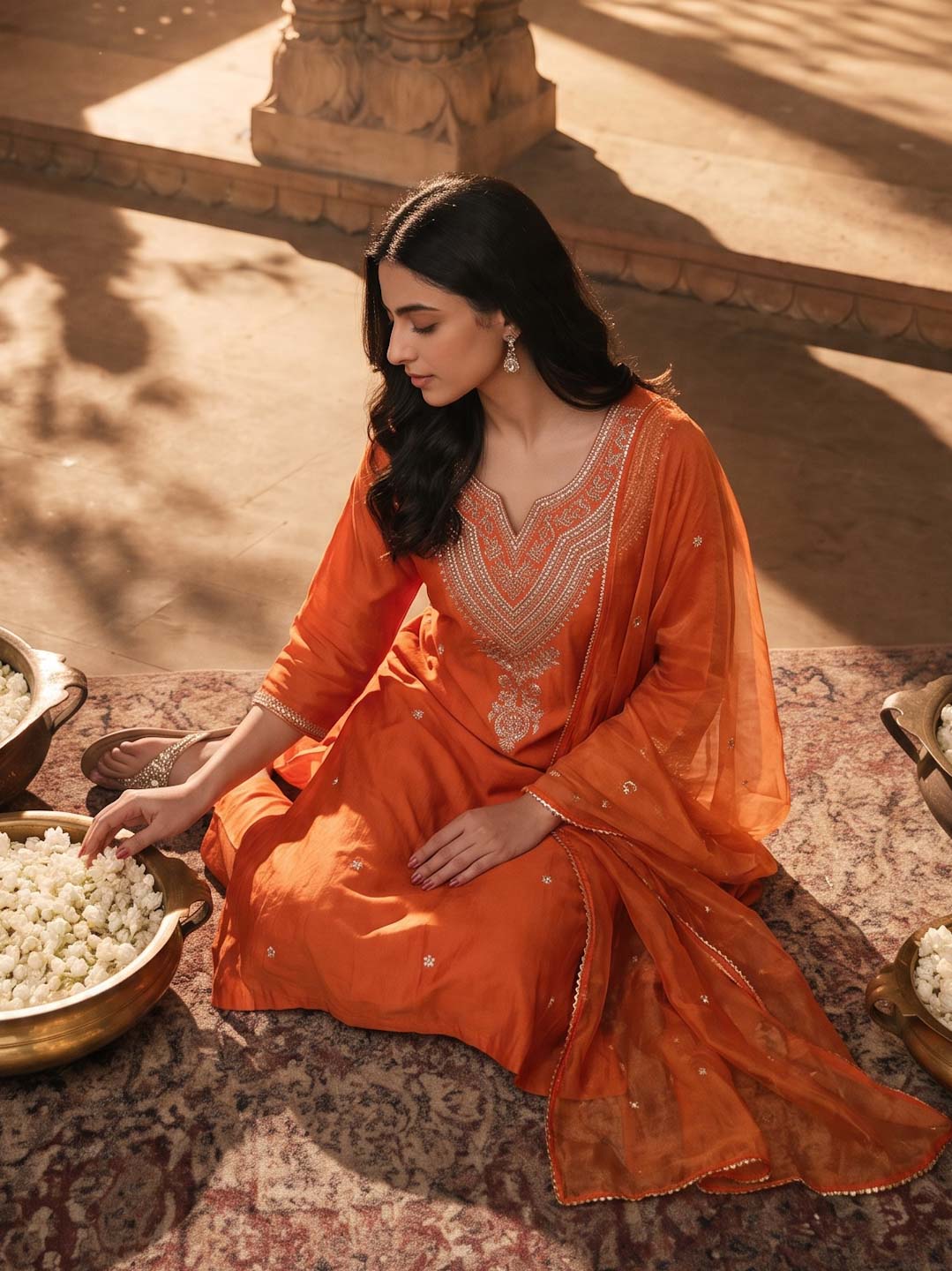 ORANGE HANDWORK SUIT SET WITH ORGANZA DUPATTA