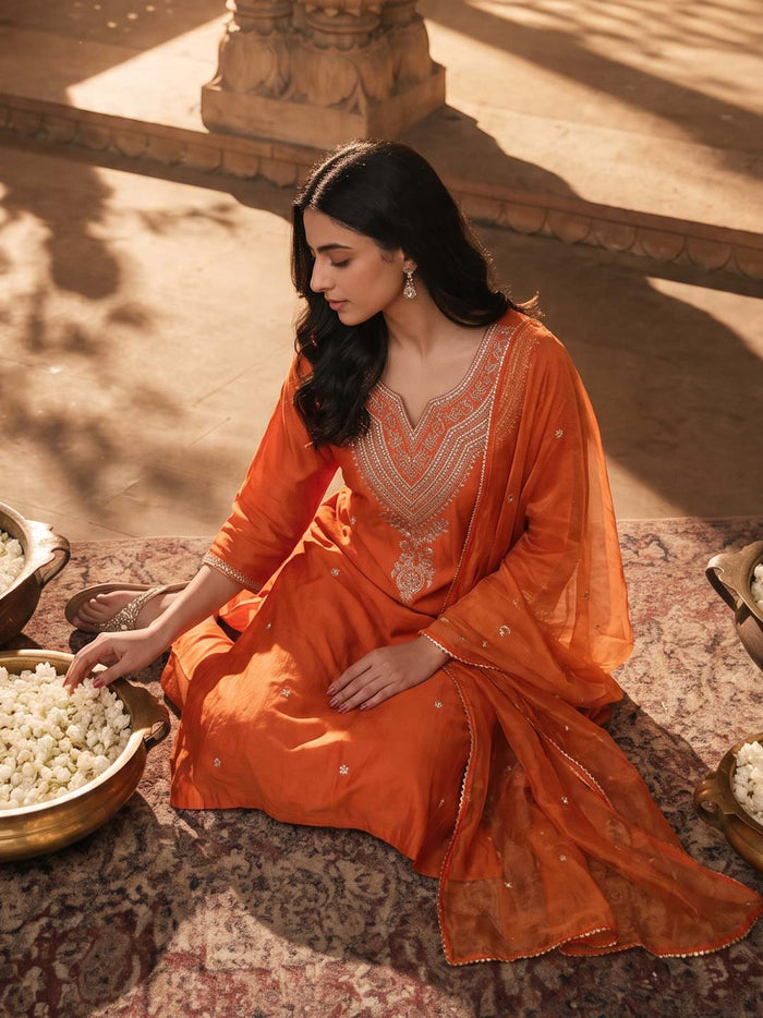 ORANGE HANDWORK SUIT SET WITH ORGANZA DUPATTA