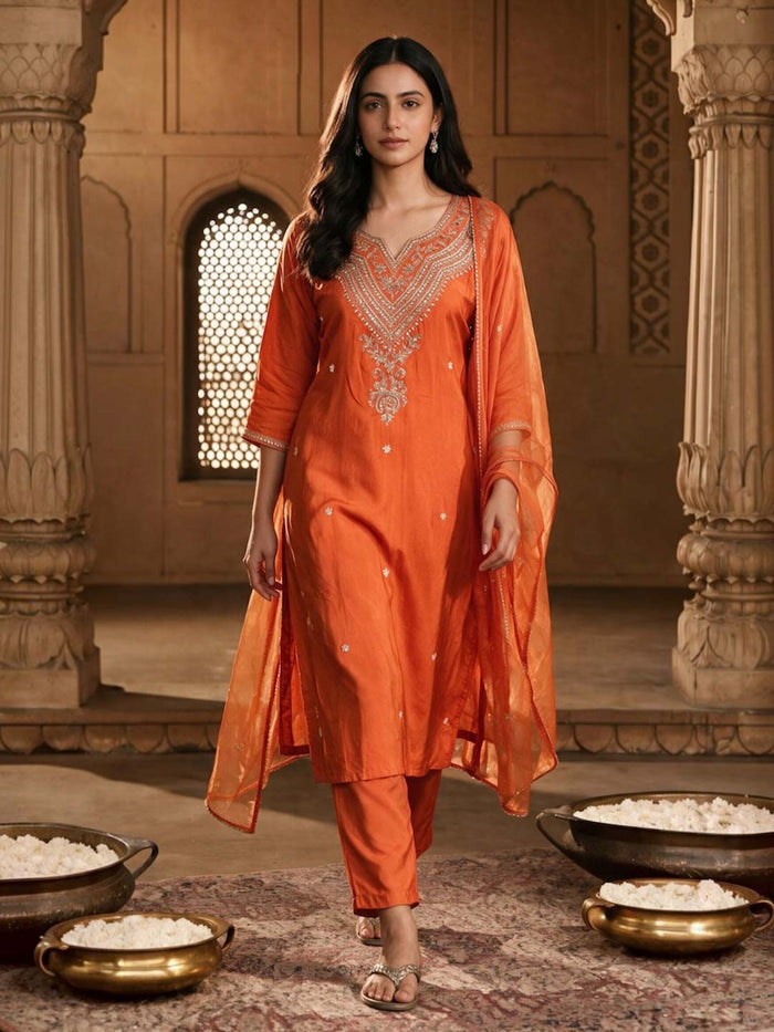 ORANGE HANDWORK SUIT SET WITH ORGANZA DUPATTA