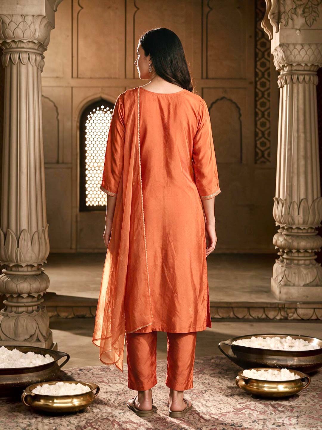 ORANGE HANDWORK SUIT SET WITH ORGANZA DUPATTA