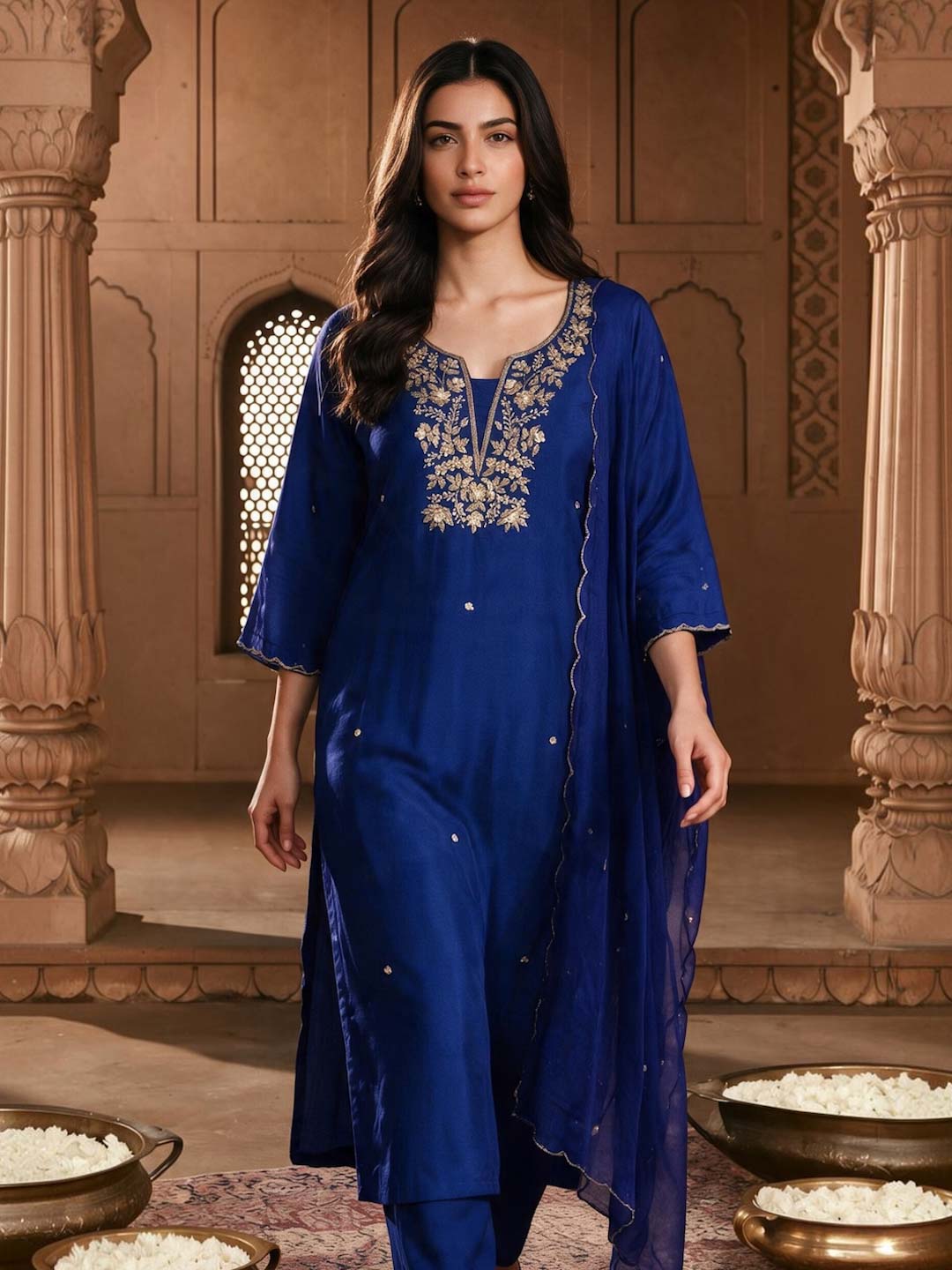 DARK BLUE HANDWORK SUIT SET WITH ORGANZA DUPATTA