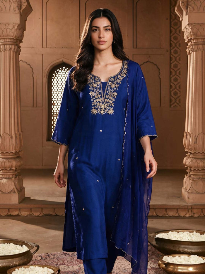 DARK BLUE HANDWORK SUIT SET WITH ORGANZA DUPATTA
