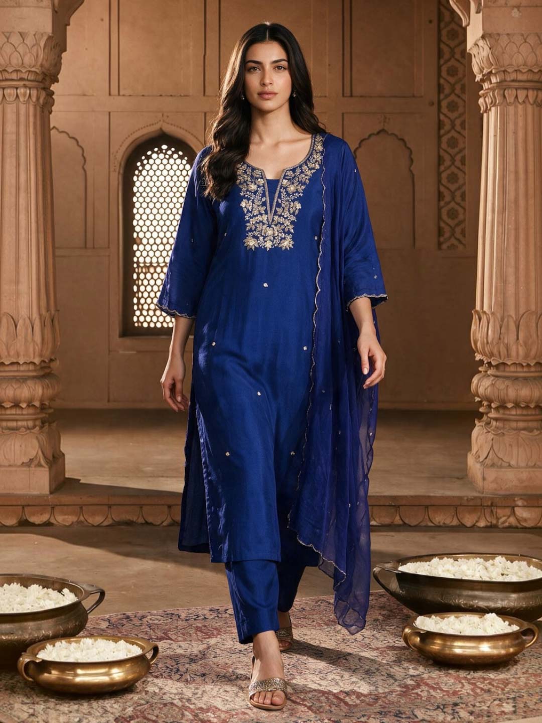 DARK BLUE HANDWORK SUIT SET WITH ORGANZA DUPATTA
