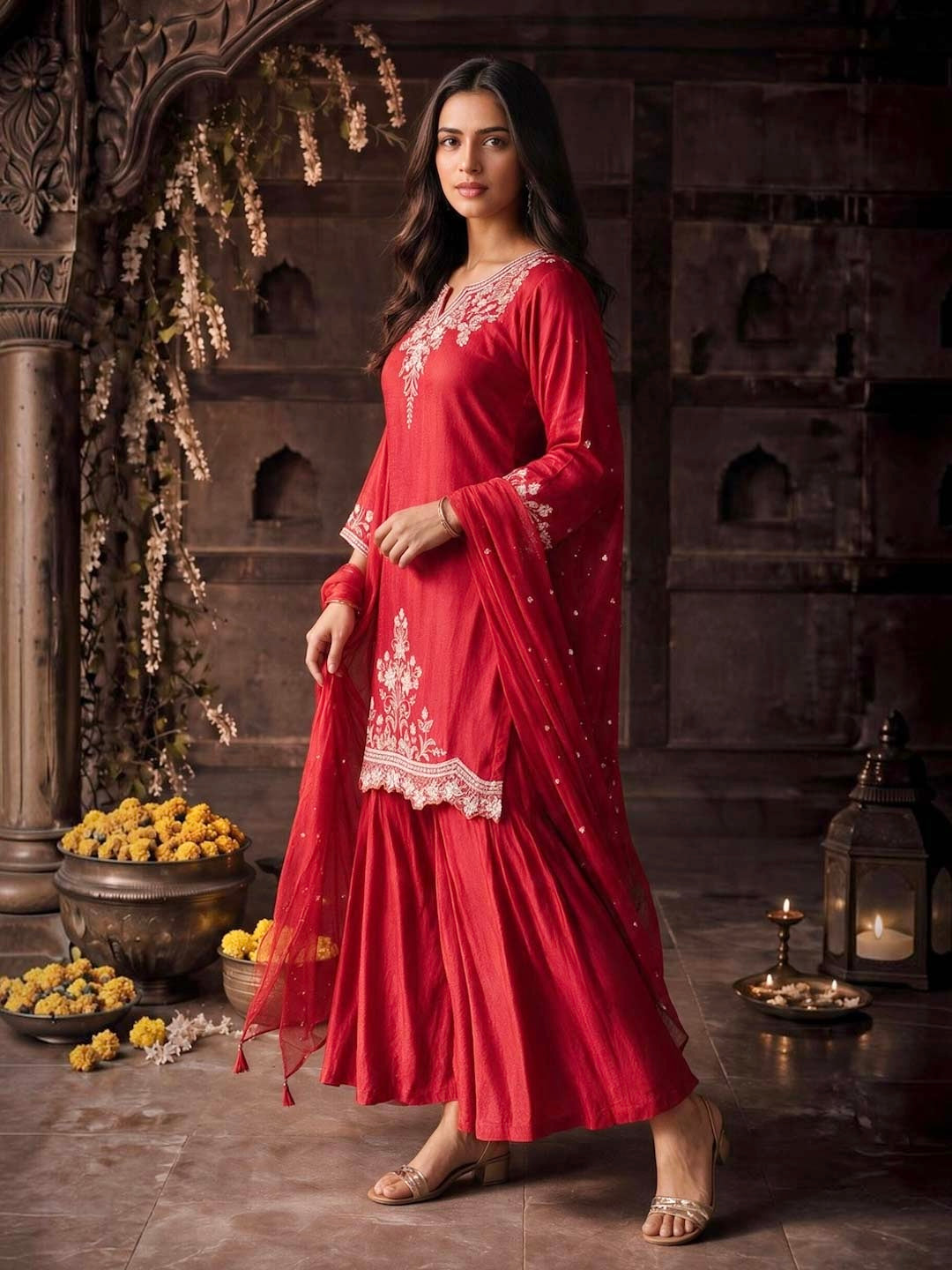 BLOOD RED HANDWORK PALAZZO SET WITH CHIFFON DUPATTA