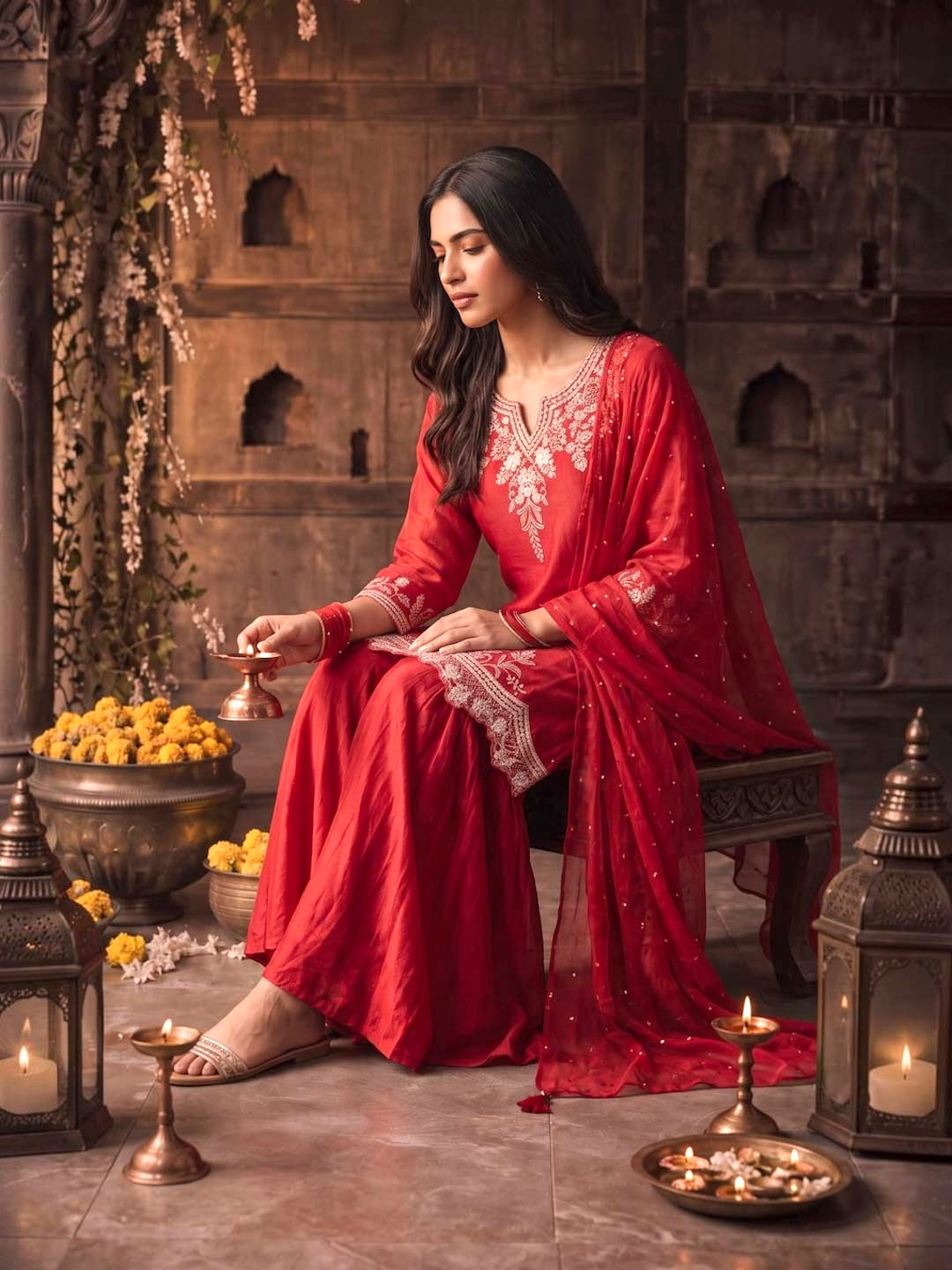 BLOOD RED HANDWORK PALAZZO SET WITH CHIFFON DUPATTA