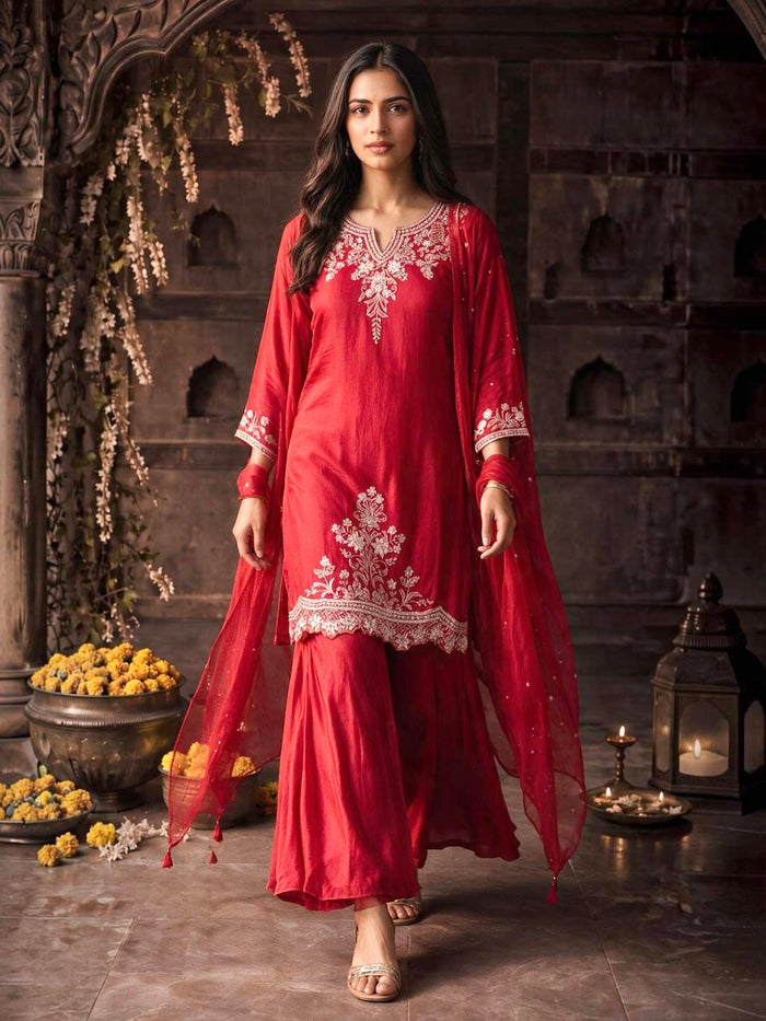 BLOOD RED HANDWORK PALAZZO SET WITH CHIFFON DUPATTA