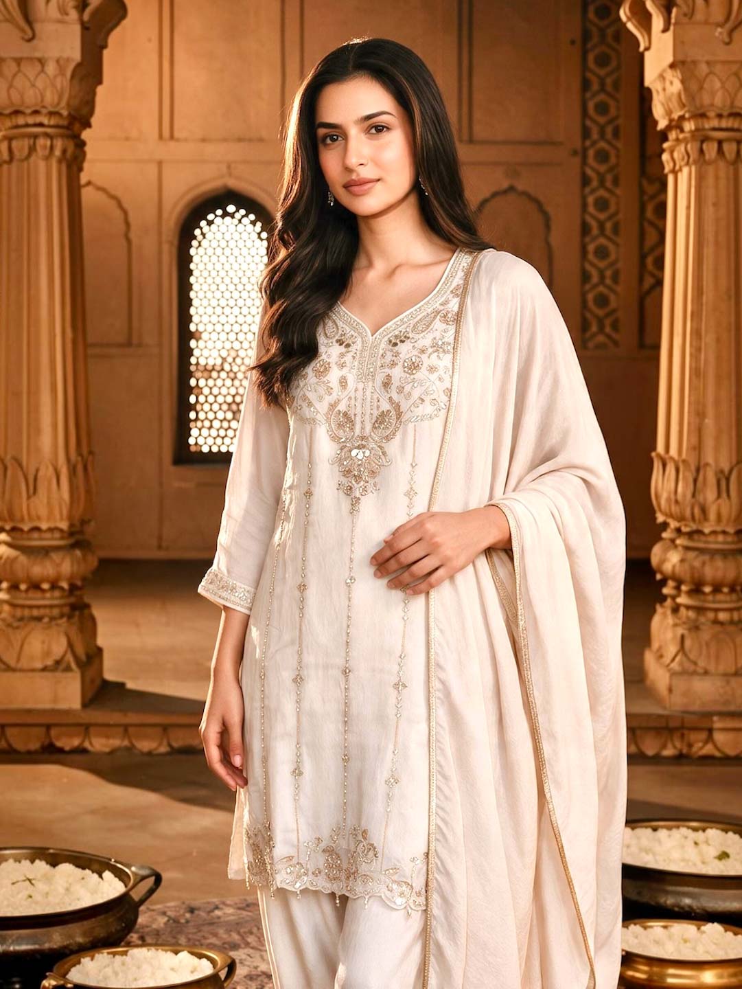 CHAMPAGNE BEIGE TISSUE HANDWORK SUIT SET