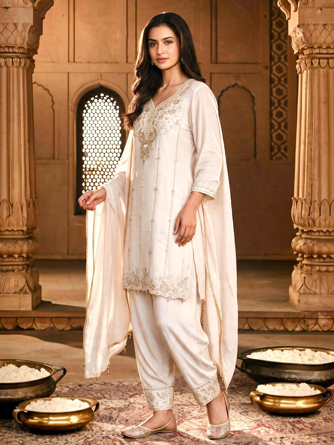 CHAMPAGNE BEIGE TISSUE HANDWORK SUIT SET