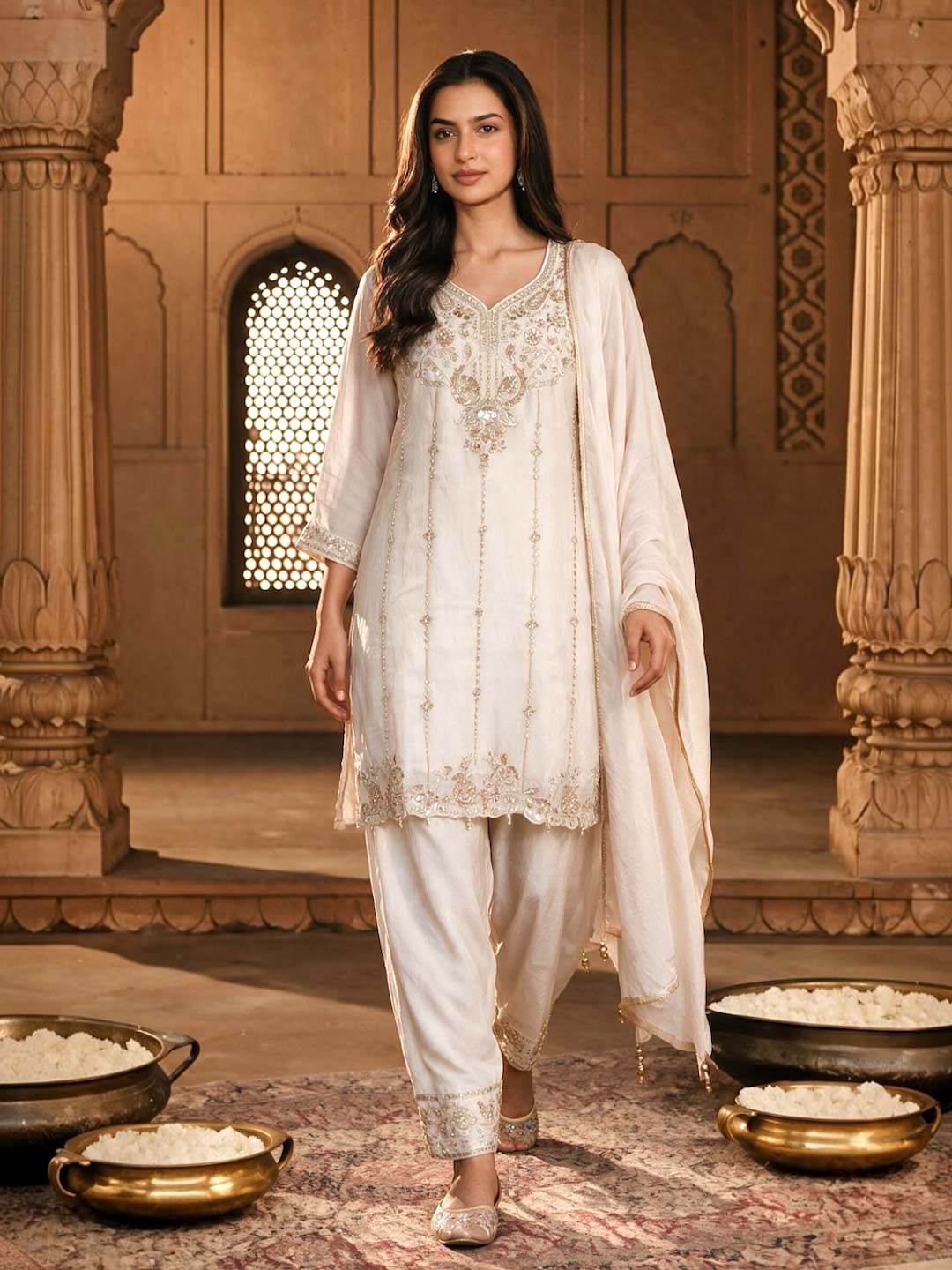 CHAMPAGNE BEIGE TISSUE HANDWORK SUIT SET