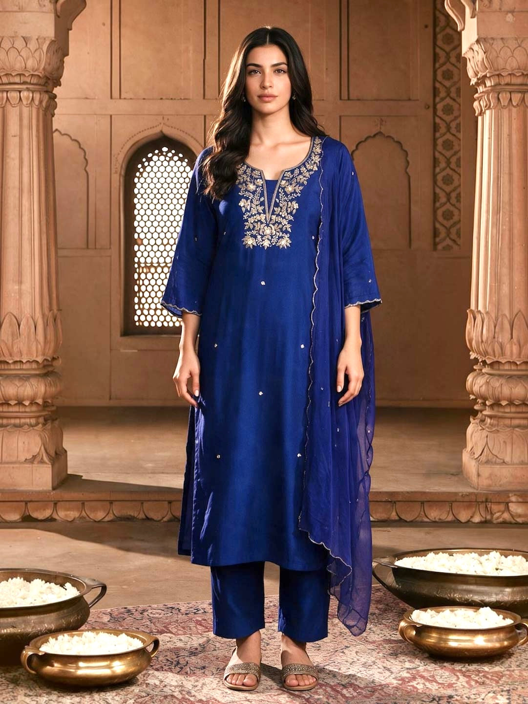 DARK BLUE HANDWORK SUIT SET WITH ORGANZA DUPATTA