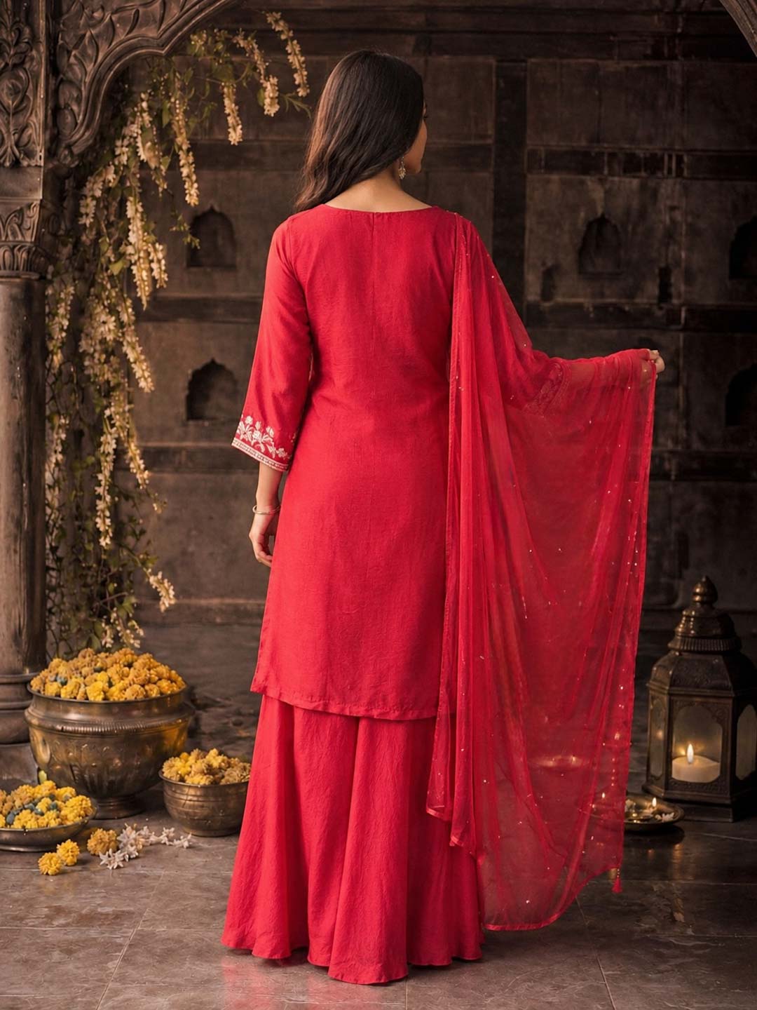 BLOOD RED HANDWORK PALAZZO SET WITH CHIFFON DUPATTA