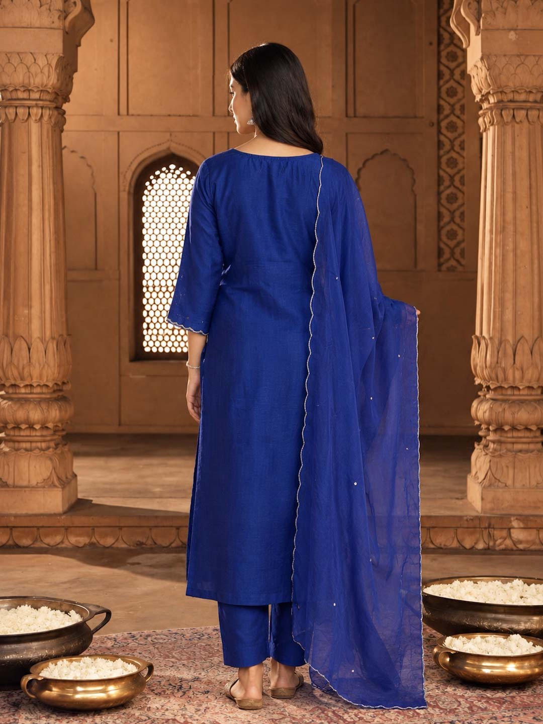 DARK BLUE HANDWORK SUIT SET WITH ORGANZA DUPATTA