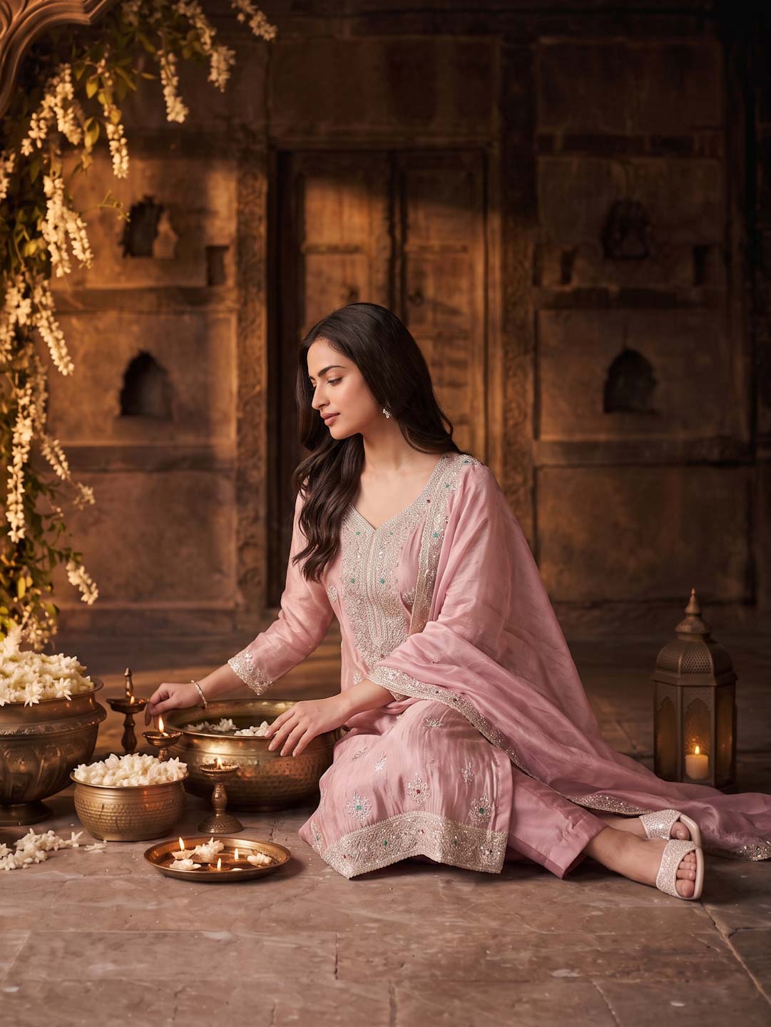 PEACH PINK TISSUE HANDWORK SUIT SET WITH TISSUE DUPATTA