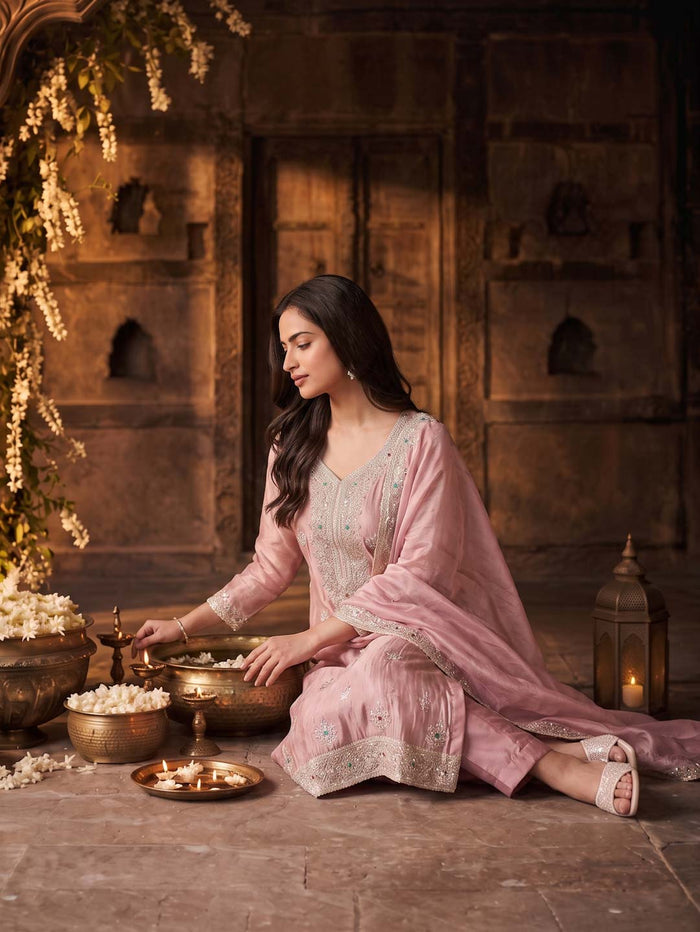 PEACH PINK TISSUE HANDWORK SUIT SET WITH TISSUE DUPATTA