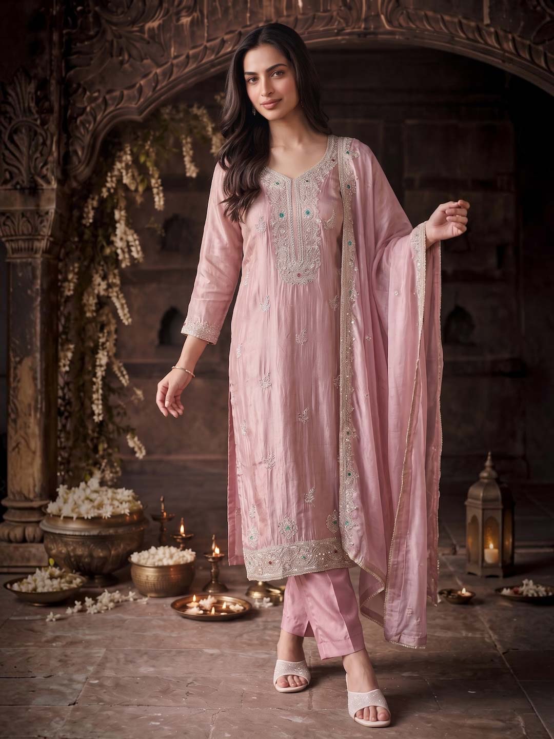 PEACH PINK TISSUE HANDWORK SUIT SET WITH TISSUE DUPATTA