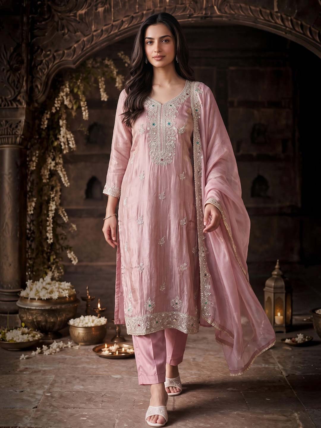 PEACH PINK TISSUE HANDWORK SUIT SET WITH TISSUE DUPATTA