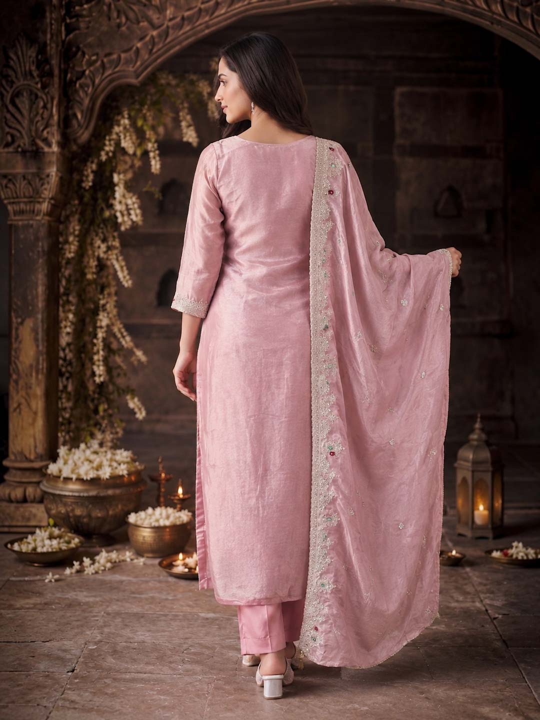 PEACH PINK TISSUE HANDWORK SUIT SET WITH TISSUE DUPATTA