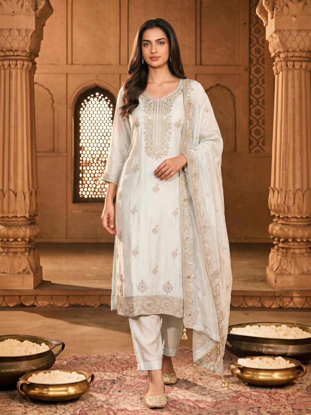 CREAM TISSUE HANDWORK SUIT SET WITH TISSUE DUPATTA