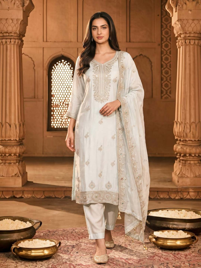 CREAM TISSUE HANDWORK SUIT SET WITH TISSUE DUPATTA