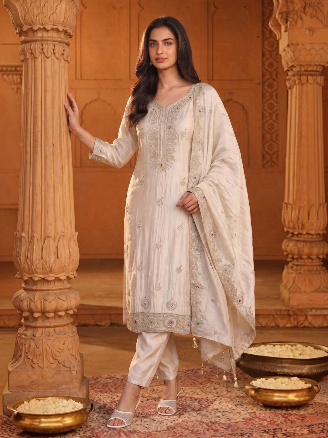 CREAM TISSUE HANDWORK SUIT SET WITH TISSUE DUPATTA