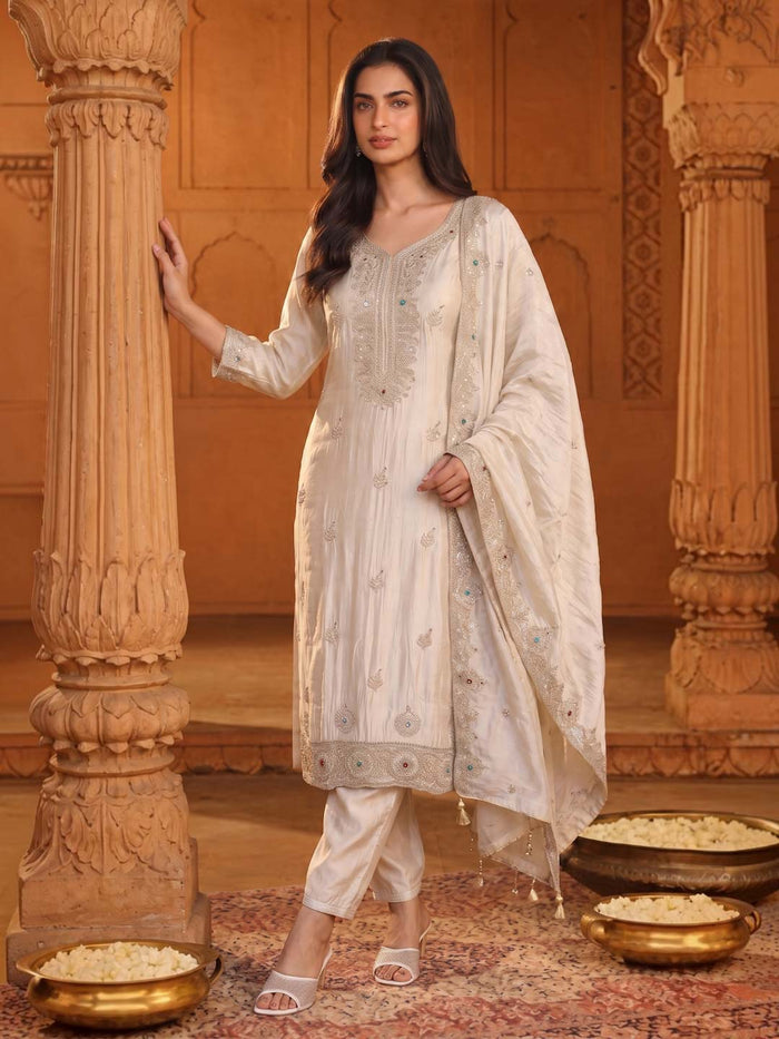 CREAM TISSUE HANDWORK SUIT SET WITH TISSUE DUPATTA