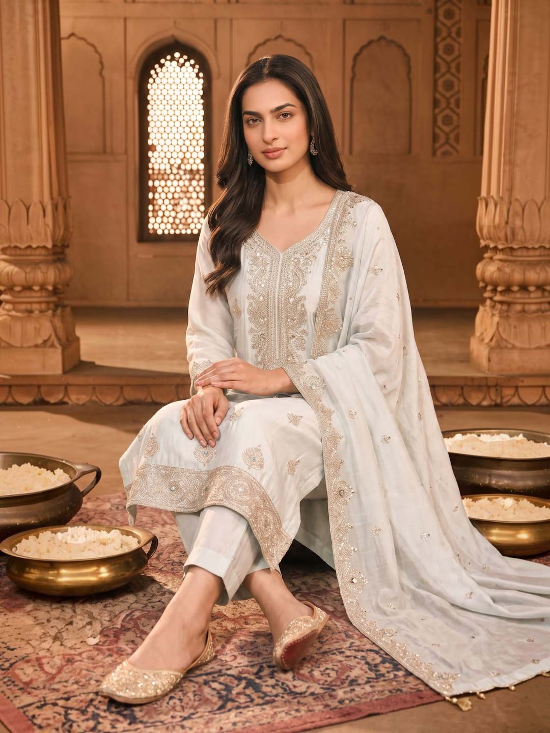 CREAM TISSUE HANDWORK SUIT SET WITH TISSUE DUPATTA