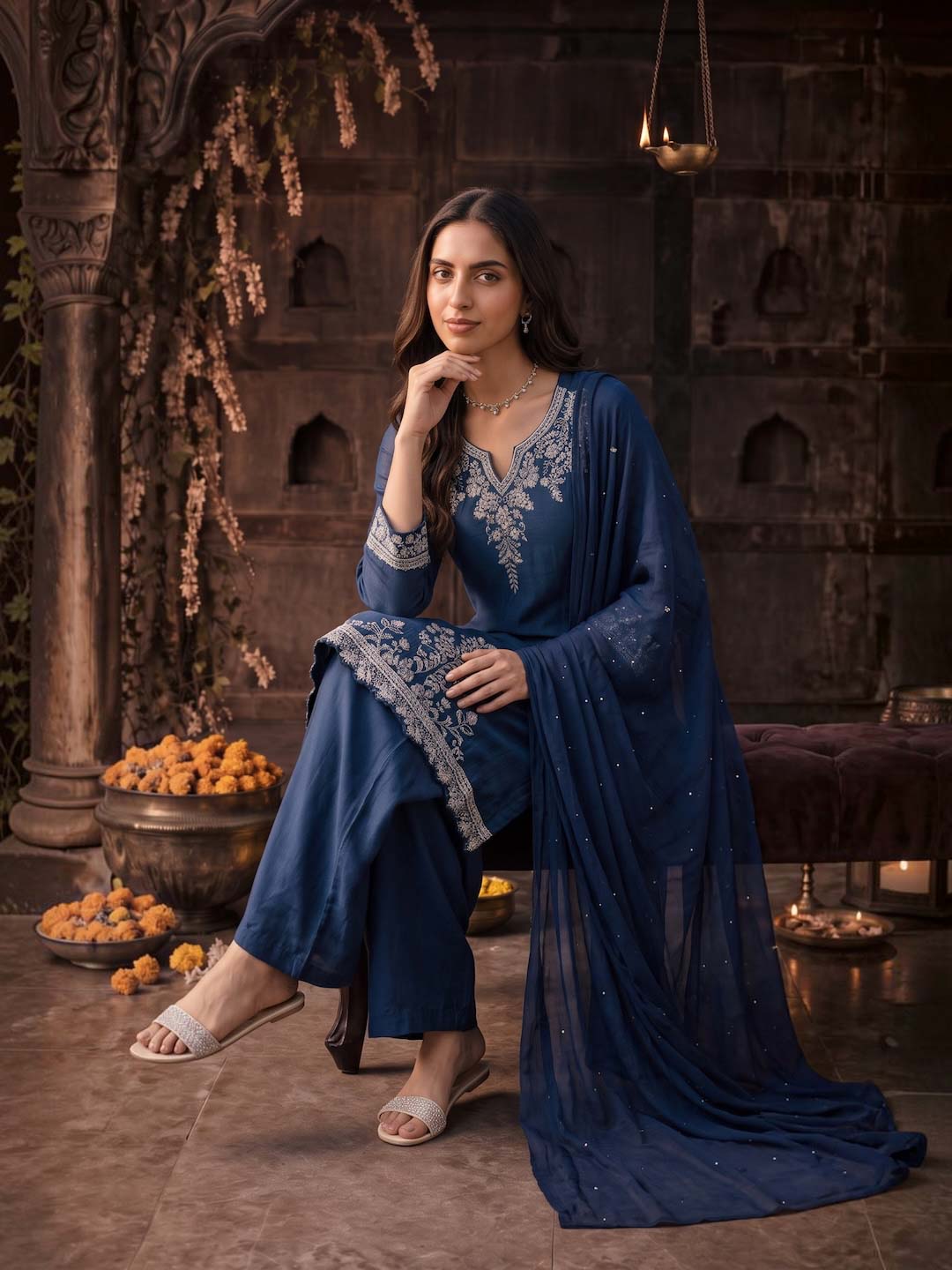 ROYAL BLUE HANDWORK PALAZZO SET WITH CHIFFON DUPATTA