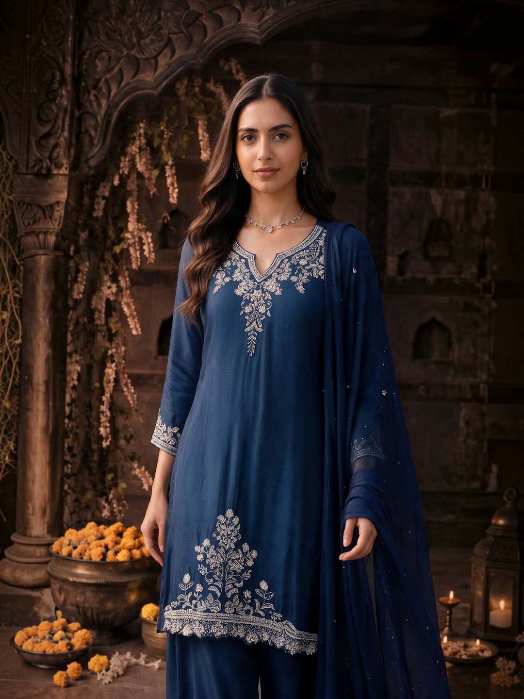 ROYAL BLUE HANDWORK PALAZZO SET WITH CHIFFON DUPATTA
