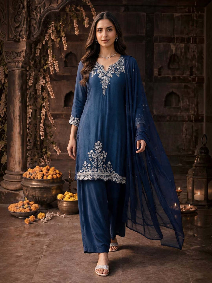 ROYAL BLUE HANDWORK PALAZZO SET WITH CHIFFON DUPATTA