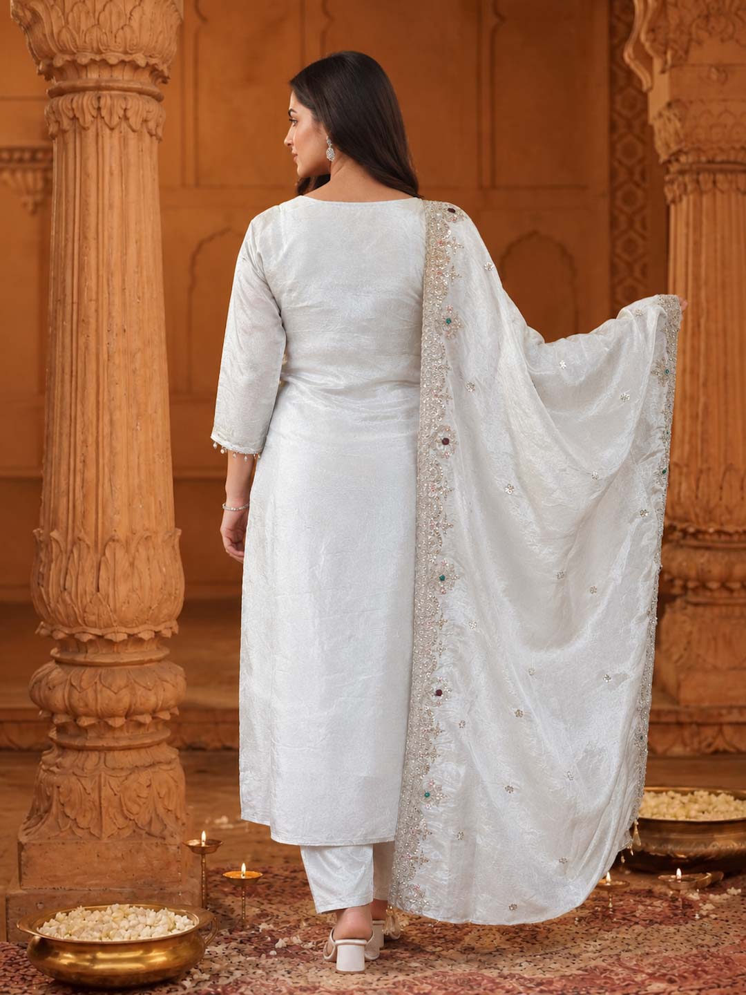 CREAM TISSUE HANDWORK SUIT SET WITH TISSUE DUPATTA