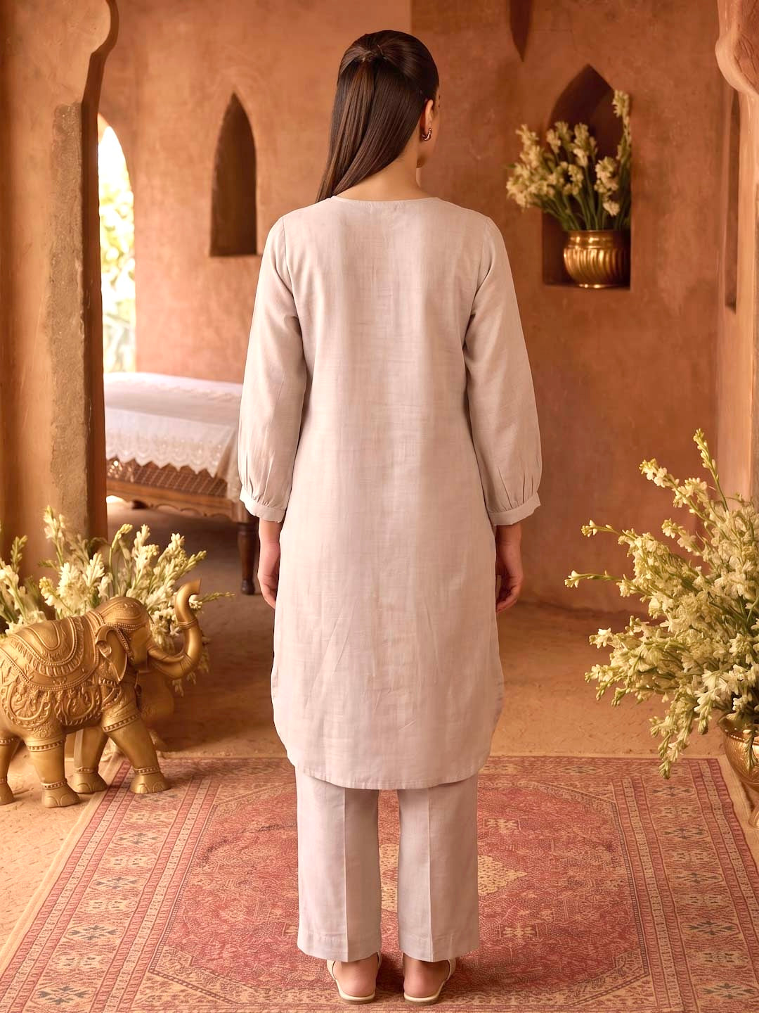 BEIGE CHANDERI HANDWORK CO-ORD SET